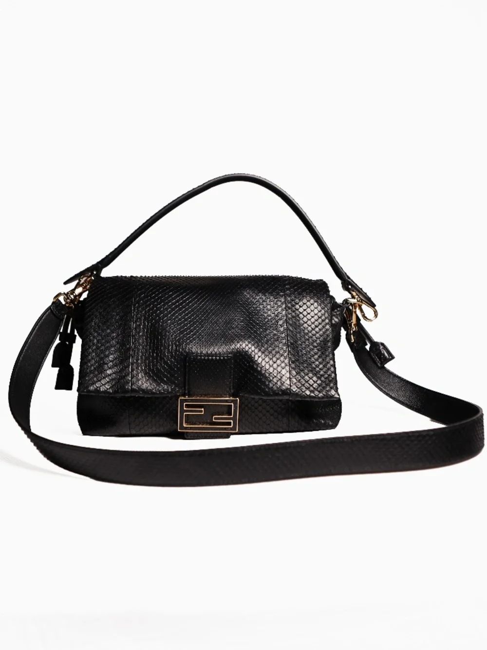Fendi MAMMA BAGUETTE MEDIUM  Black python leather bag